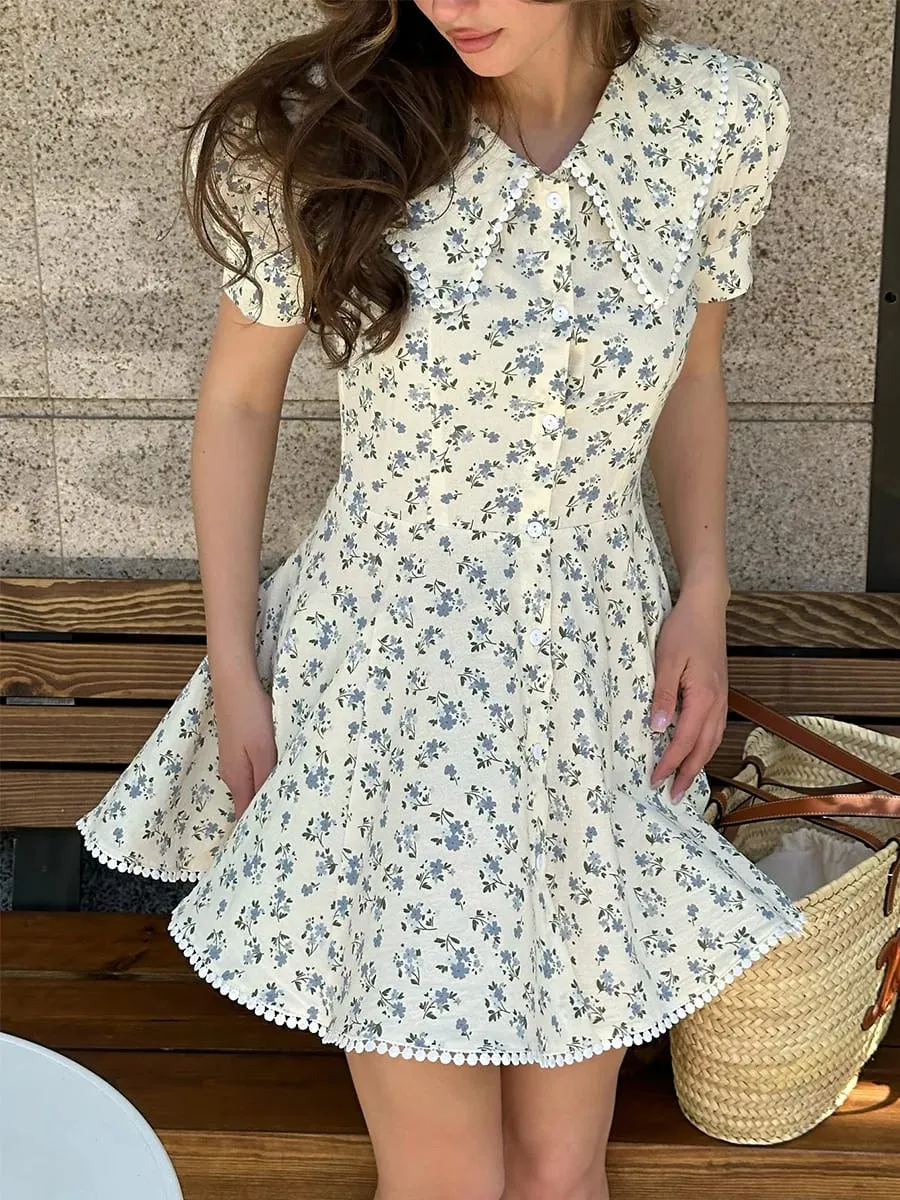 Bornladies 2026 Summer New Floral Short Sleeve Dress Women's Elegant Slim Fit Sweet Button Front Puff Sleeves Mini Dress — image 4