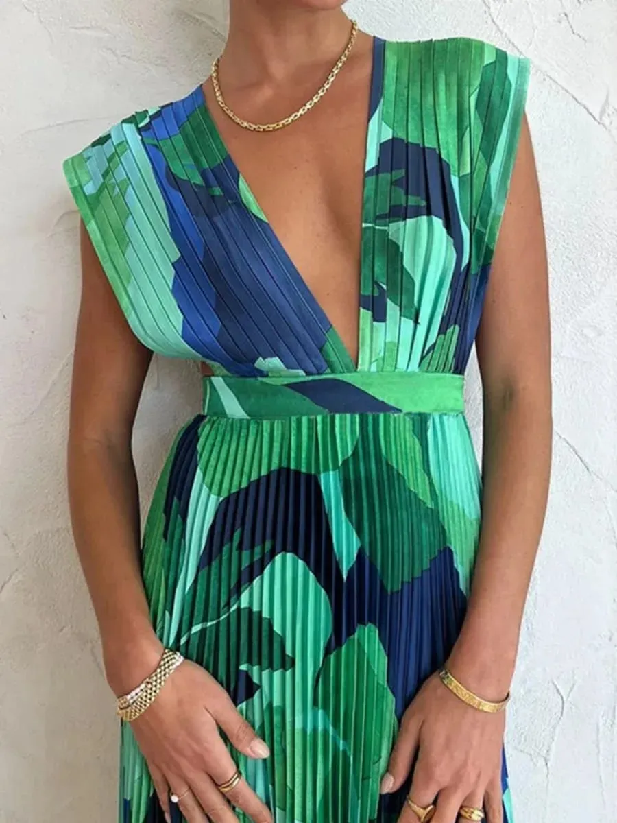 Freeacy Women's Printed Summer Dress Deep V-neck Sleeveless High Waist Pleated Midi Dress Female High Street Elegant Dresses — image 4