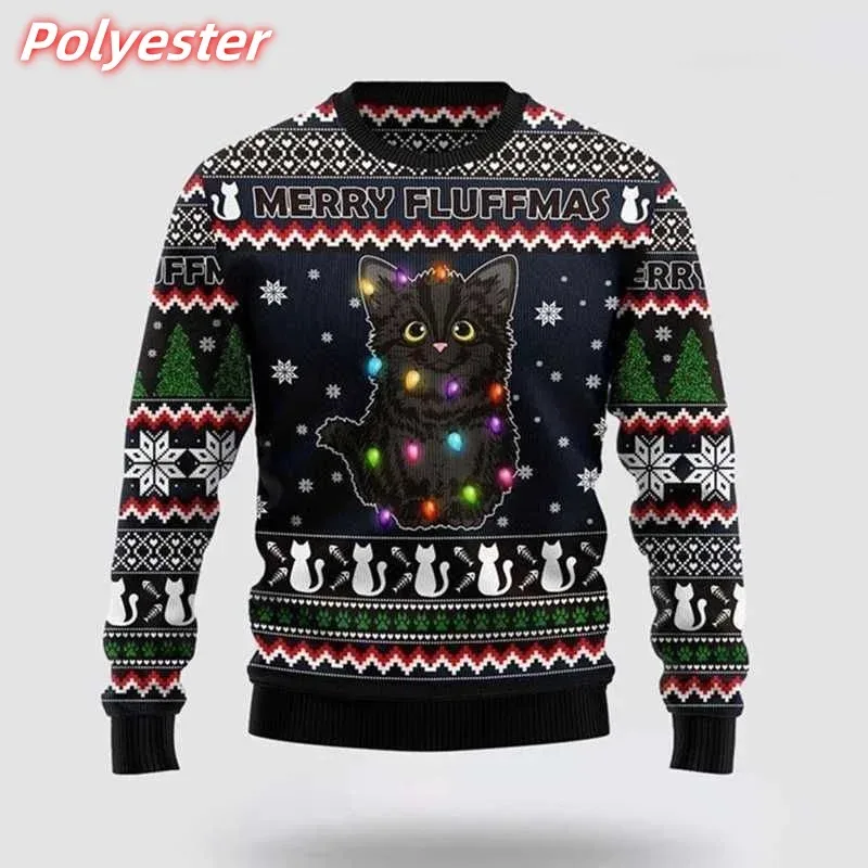 3D Printed Cat Snowflake Hoodie For Men Christmas Gift Pattern Sweatshirt Casual Long Sleeves Pullovers Round Neck Hoodies