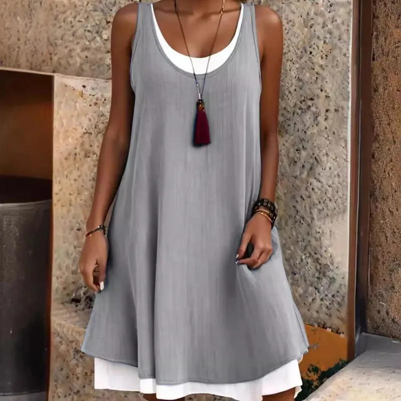 Summmer Women's Solid Dress Casual Sleeveless Fake Two Piece Loose Dresses Female O Neck Office Holiday Beach Party Dress New