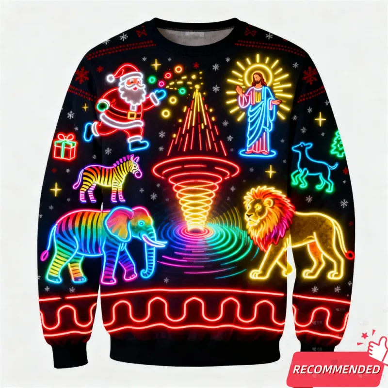 Pekeng Neon Light 3D Printed Ugly Xmas Sweater Para sa Babae Mga Damit ng Lalaki Maligayang Pasko Snowman Nakakatawa Santa Jesus Pullovers Tracksuit