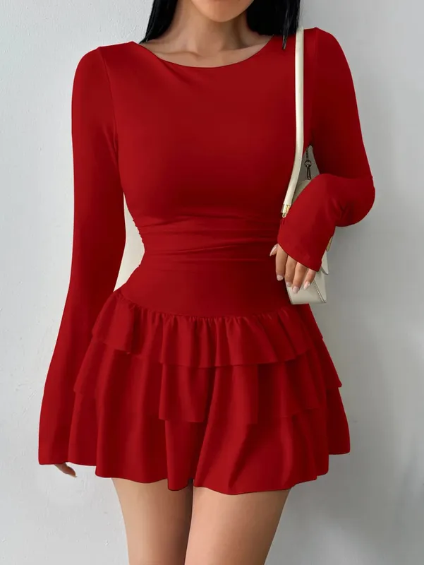 Temperament Dresses 2025 Woman Mini vestidos Simple Style Elegant French Bodycon Slim Pleated Fashion Long Sleeve Commuting Sexy