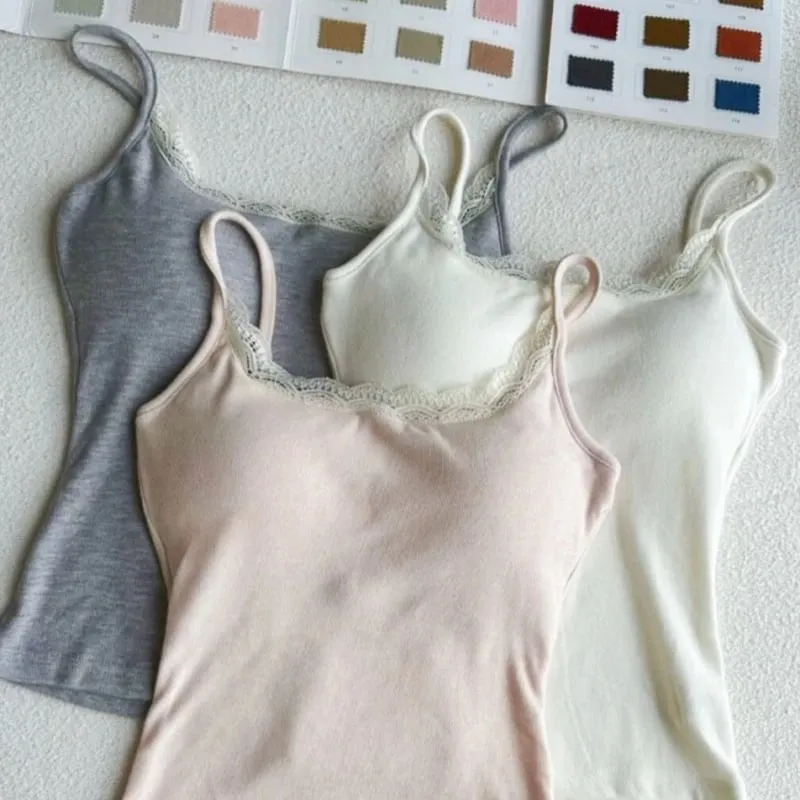Women Lace Trim Camisole Built-in Bra Padded Elastic Slim Vest Sleeveless Spaghetti Strap Tank Top Soft Stretchy Basic Cami Top