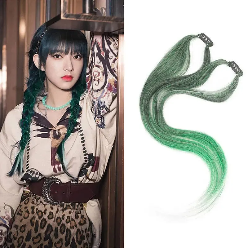 2PCS 60cm Synthetic Long Straight Hair Clips Rainbow Hair Extension Colored Red Green Blue Hairpiece for Women