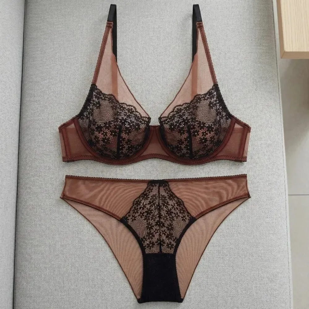 Mesh Lace Flower Bra Set Lingerie Underwear Push Up Bra Women Seamless Brassiere Mesh Bra Panties Kit Romantic Evenings