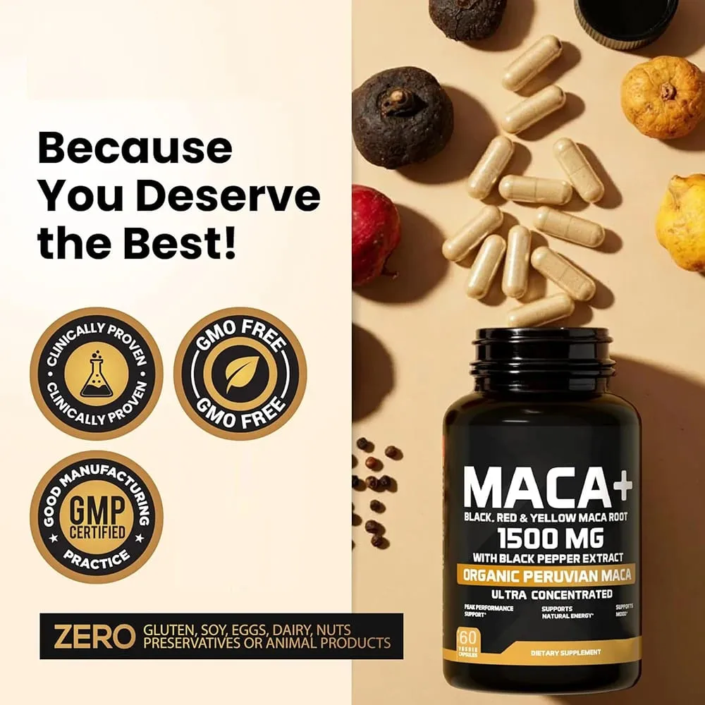 Organic Maca Root Powder Capsules 1500mg with Black+Red+Yellow Peruvian Maca Root Supplement for Men and Women - Vegan Pills — image 6