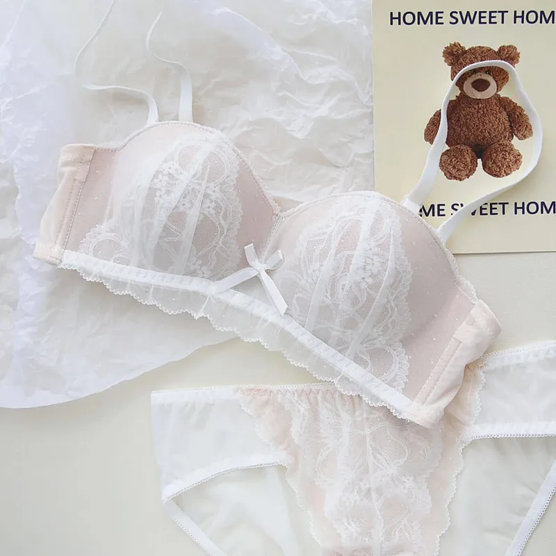Sexy French Demi Cup Lace Bralette Set Wireless Push Up Bra for Women No Underwire Comfortable Non Padded Sexy Sweet Teen Bra AB