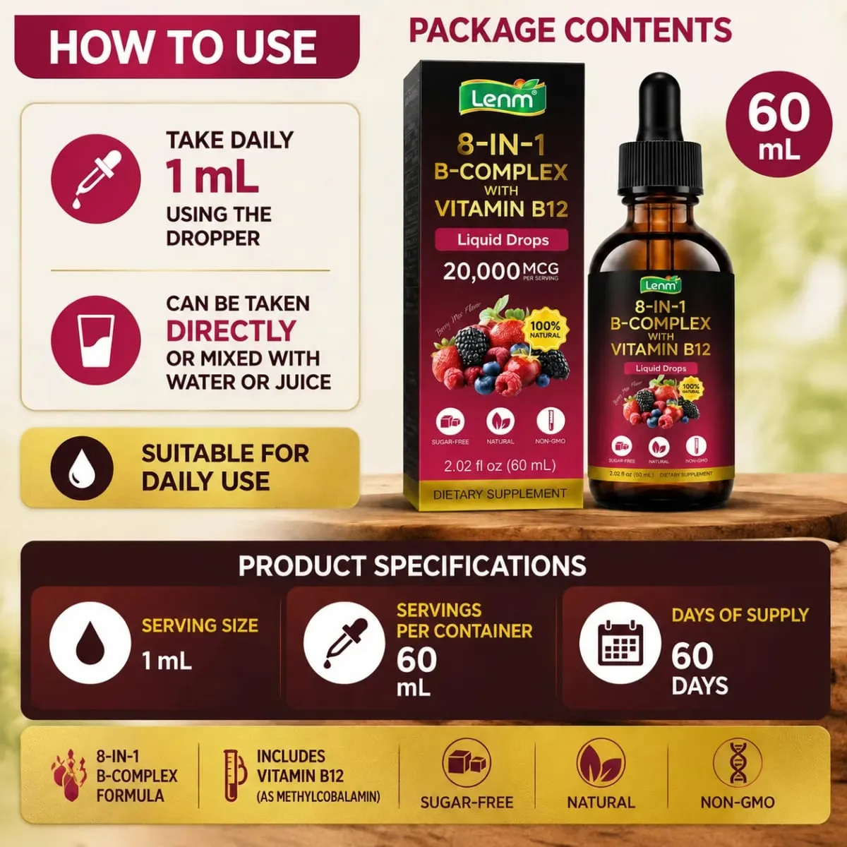Lenm Vitamin B12 B-Complex Liquid Drops 8-in-1 Supports Nervous System Immune Health and Daily Energy 60 ML Sugar-Free Non-GMO