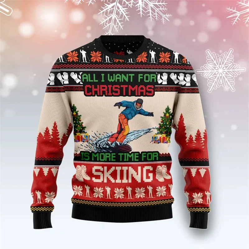 Fashion Skiing Santa Graphic Ugly Christmas Sweater For Men Trendy Streetwear 3D Printed Xmas Sweatshirts Loose Holiday Pullover — image 8