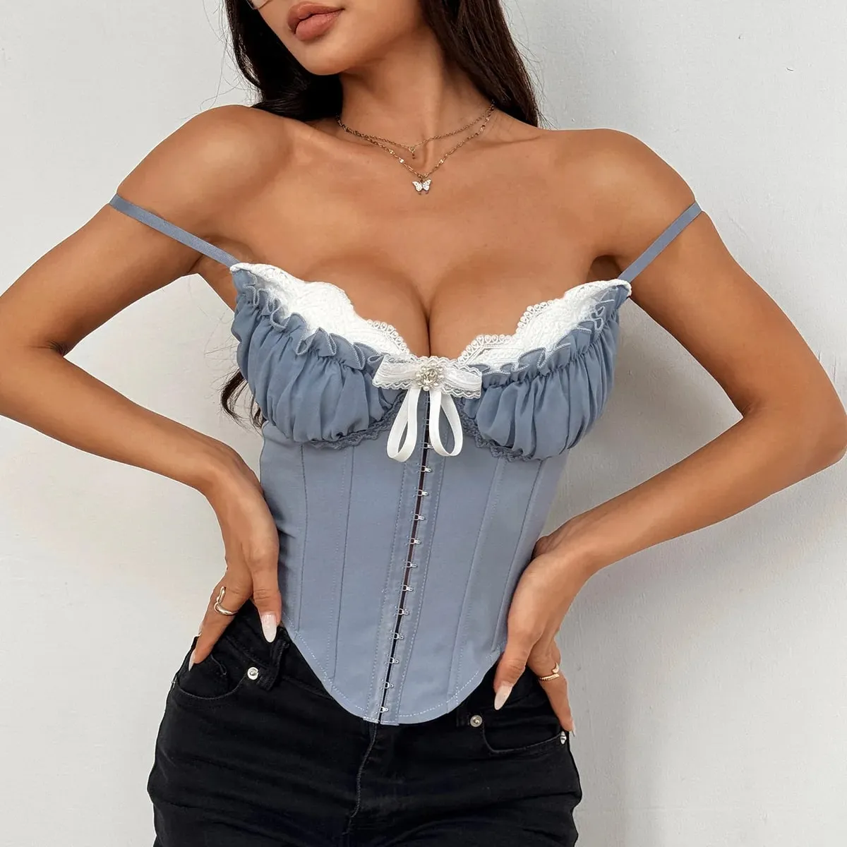 Haut court Sexy en dentelle, col en V, Y2K, Patchwork plissé, nœud papillon, Top Corset, dos nu, Slim, Camisole, Bustier en forme d'arête de poisson