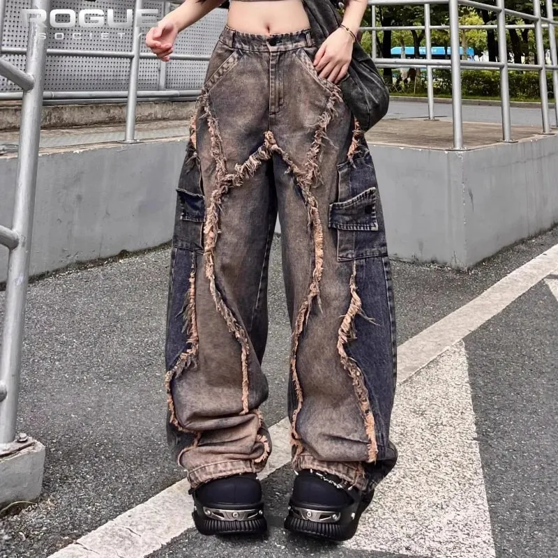 Y2K Grunge Deconstructed Distressed Jeans Unisex Patchwork Washed Wide Leg Denim Pants Hip Hop Streetwear Harajuku Punk Trousers