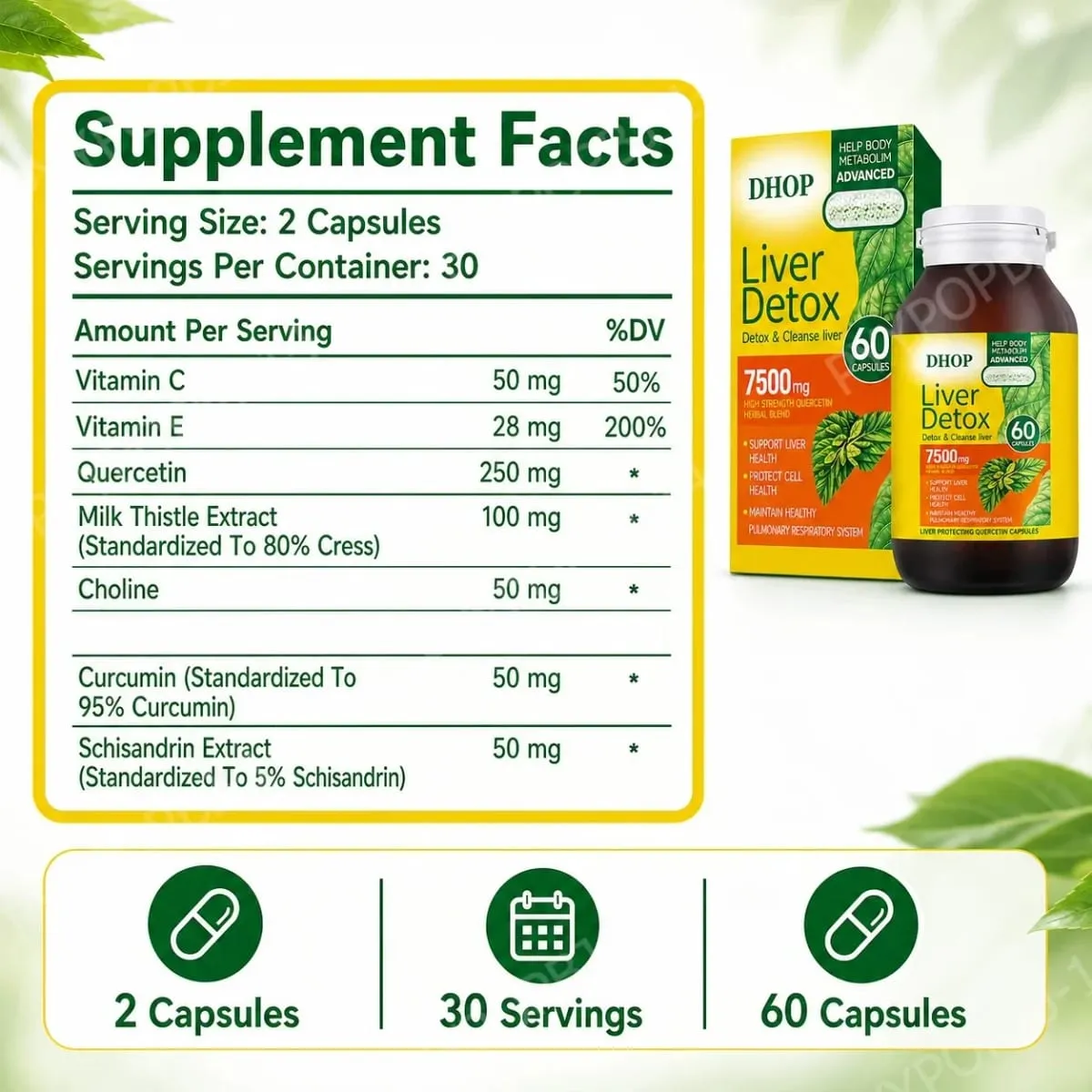 Milk Thistle Liver Health Capsules 60 Count with Vitamin C E Choline Curcumin- Supports Healthy Liver Function