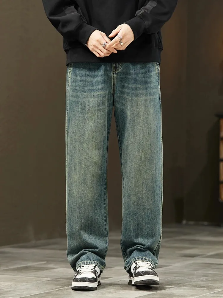 Korean Loose Wide Legs Jeans Men's Vintage Wash Denim Pants Fashion Streetwear Casual Baggy Straight Male Trousers
