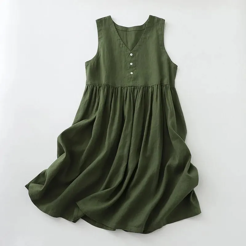 2026 New Women's Cotton Linen Sleeveless Dress Casual Button Down Loose Midi Dresses for Summer Women's Casual Dresses