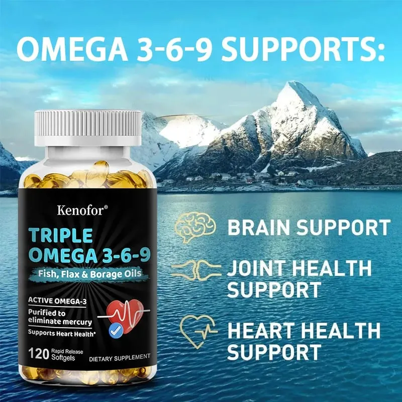Omega 3 6 9 Softgels Fish Flax Borage Oil Support Brain Focus Eye Comfort Joint & Cardiovascular Wellness Immune Balance
