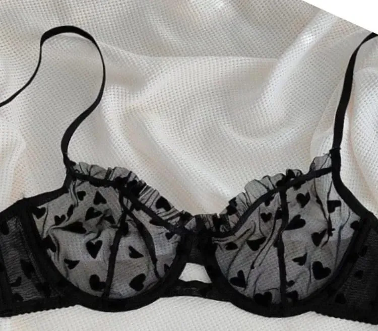 French Heart Print Transparent Lingerie Set Ultra Thin Underwire Bra Lace Sexy Push Up Gathering Small Breast Boost Hot Selling