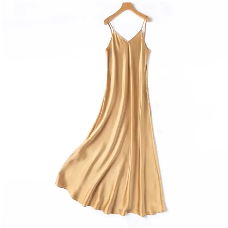 2026 Women's Fashion New 21MM 100% Natural Mulberry Silk Plain Satin Extended French Sexy Adjustable Shoulder Strap Solid Dress