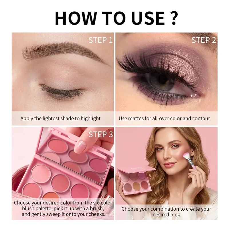 Sombra nude fosca brilhante e paleta de pó de blush em 6 tons, kit de maquiagem para olhos e rosto misturável de longa duração com pincéis aplicadores — image 7
