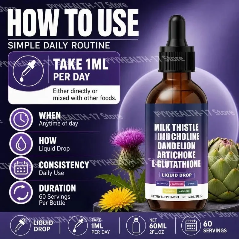 Milk Thistle Liquid Drops Choline Dandelion Artichoke L-Glutathione Herbal Wellness Supplement For Adult Use 60ml 2fl oz