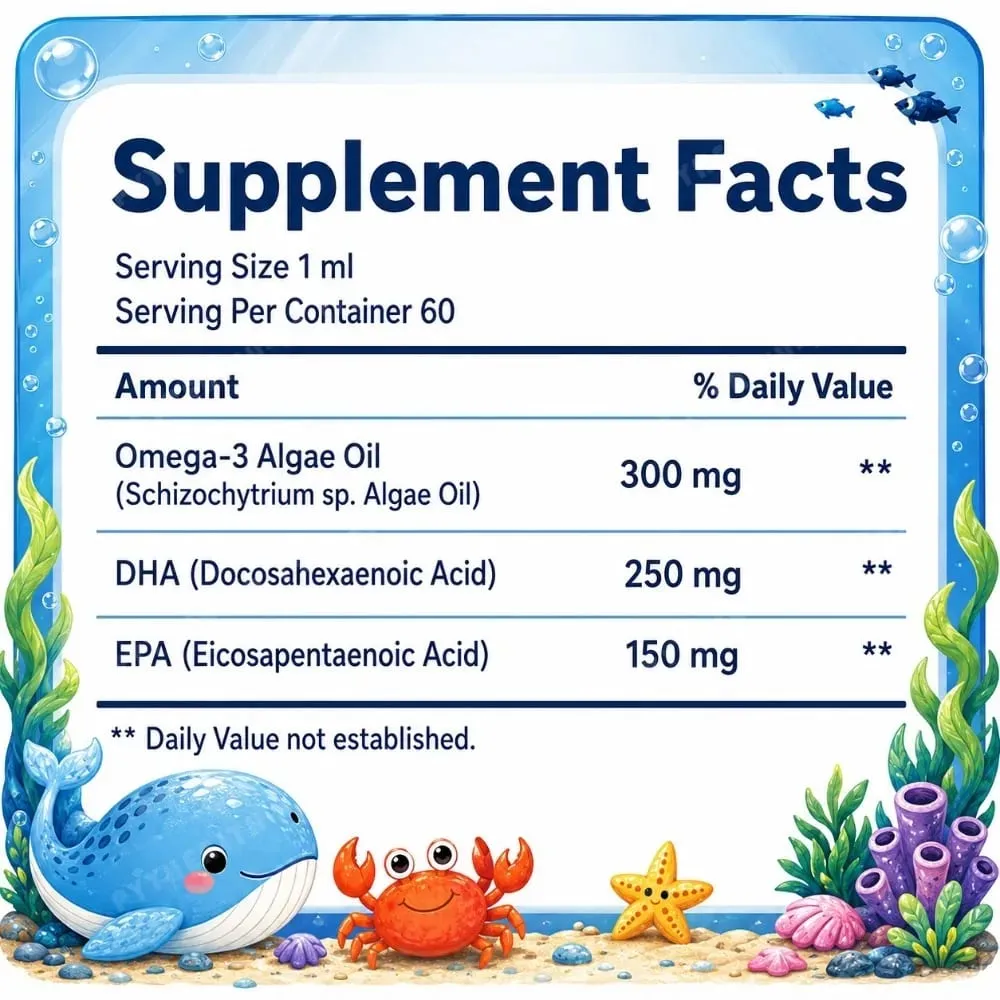 Docteat pflanzliches Omega-3-Algenöl, DHA, EPA, flüssige Tropfen, Gehirngesundheit für Kinder, vegan, gentechnikfrei, tägliche Ernährung, Orange, 60 Portionen