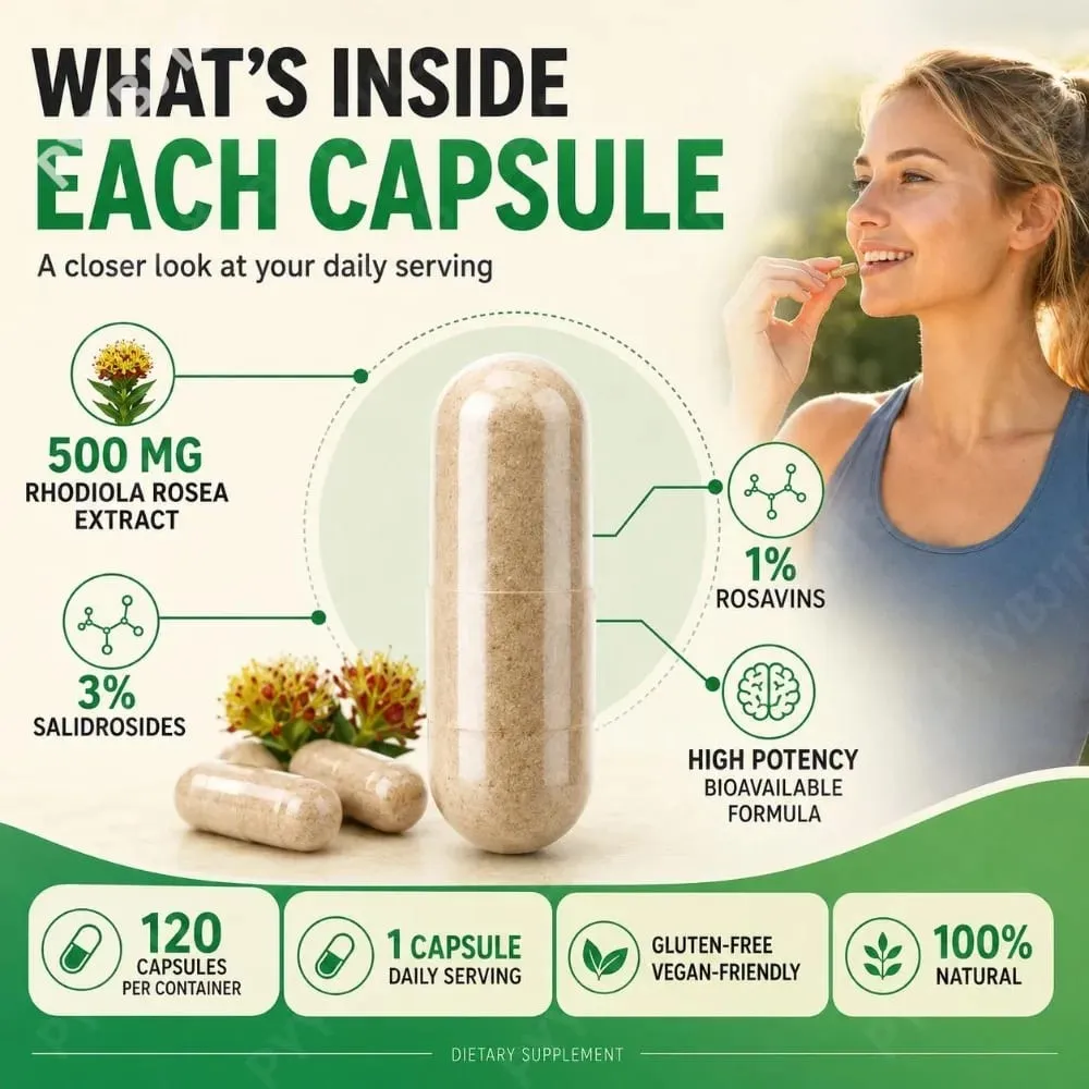 Rhodiola Rosea Capsules High Potency Formula Supports Mental Clarity & Focus Energy & Endurance Immune Health & Vitality 120 Ct