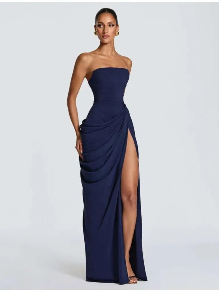 Yellow Strapless Pleated Women Split Maxi Dress Elegant Sleeveless Waist Cinching Slim Fit Dresses 2026 Lady Daily Party Gowns — image 5