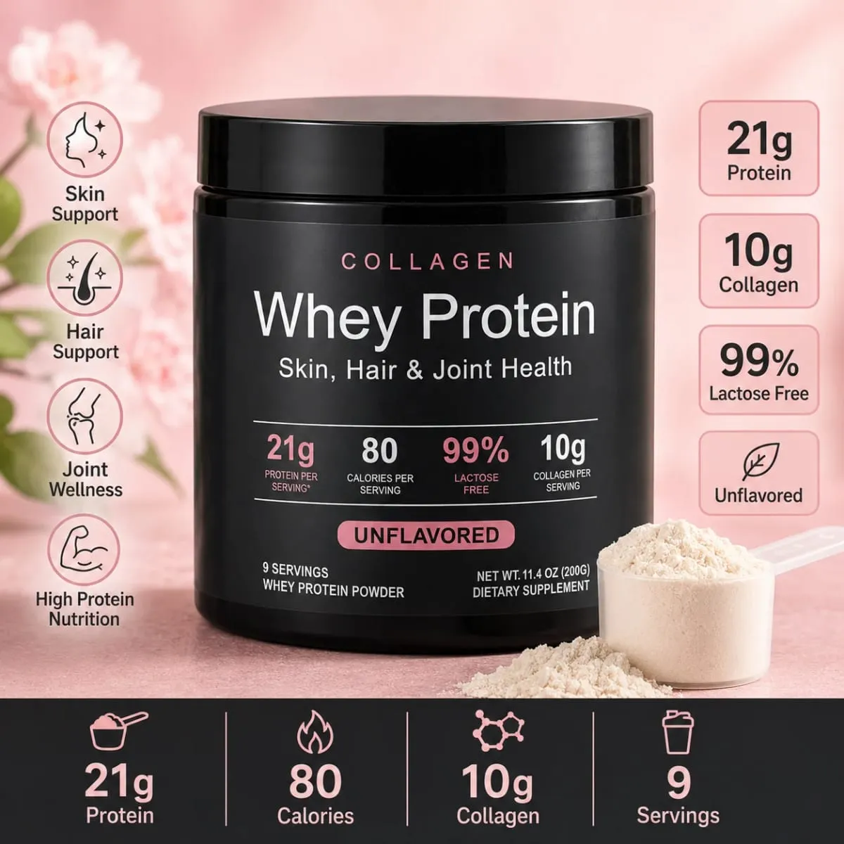 Collagen Whey Protein Powder 21g Protein 10g Collagen Peptides Unflavored 99% Lactose Free Fitness Nutrition Shake 9 Servings
