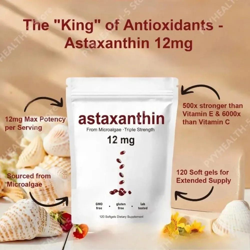 Astaxanthine 12 mg gélules – Soutien antioxydant quotidien sans OGM, sans gluten, sans soja, 120 gélules pour adultes