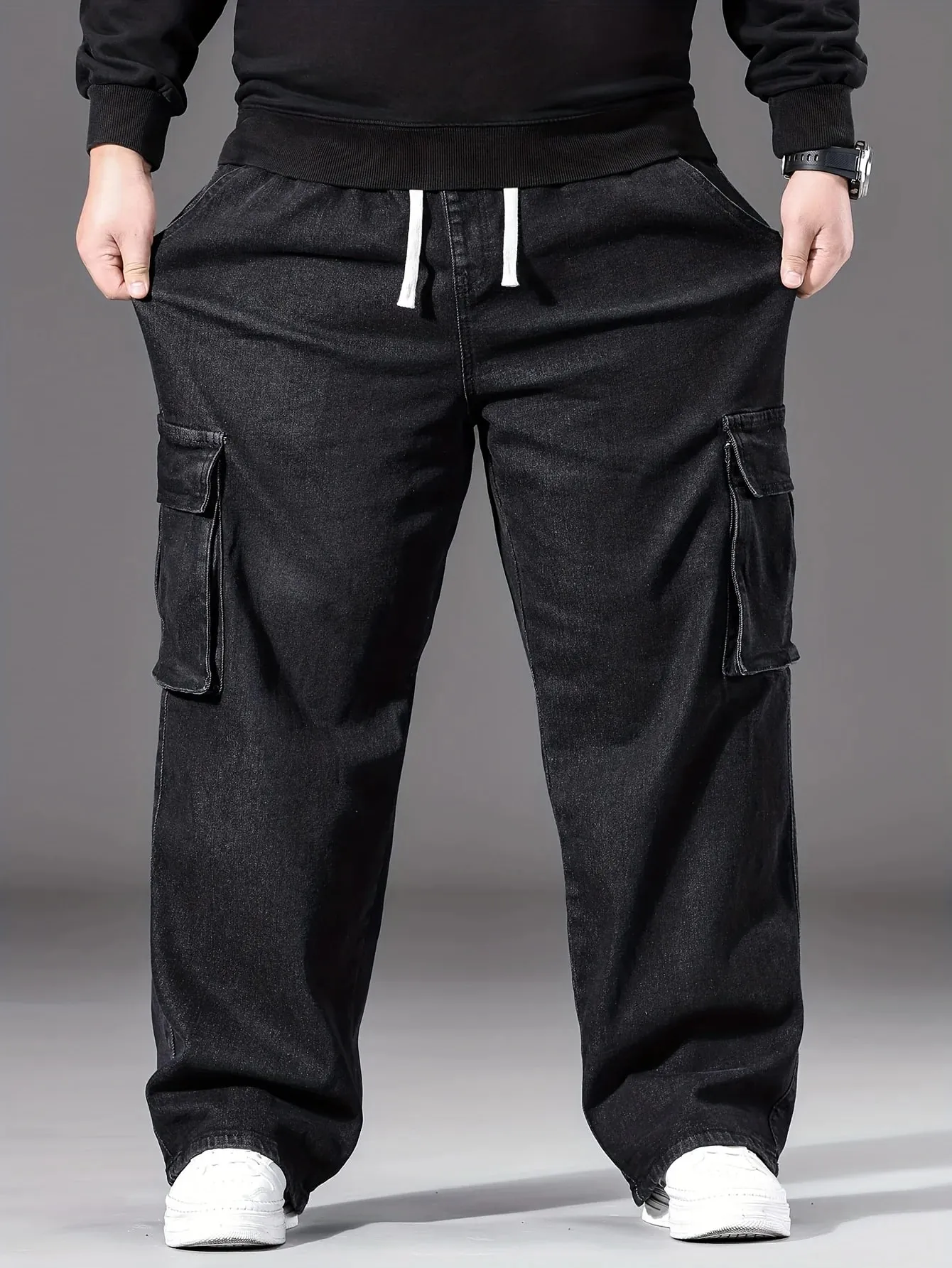 2026 New Men Oversized Jeans High Waist Elastic Drawstring Stretch Baggy Denim Pants Casual Versatile Plus Size Trousers