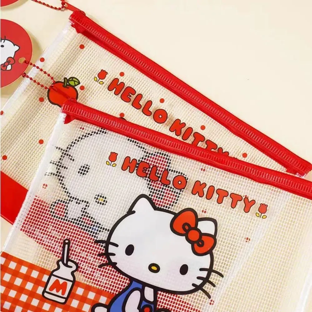 Genuine Sanrio Hello Kitty A5 Mesh Zipper Pouch Cute Kt Cat Waterproof PVC Document Bag For School File Pen Stationery Organize