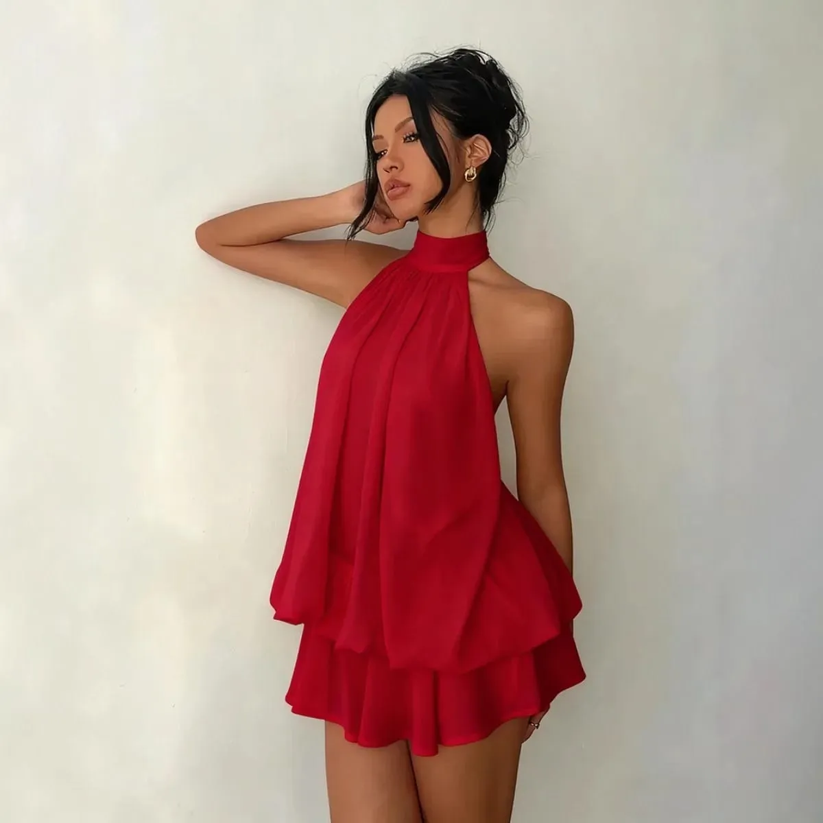 Women's Halter Neck Dress Backless Tie-Front Chiffon Sheer Mini Skirt Fashionable Sexy Y2K Vintage Cute Party Birthday Dress — image 4