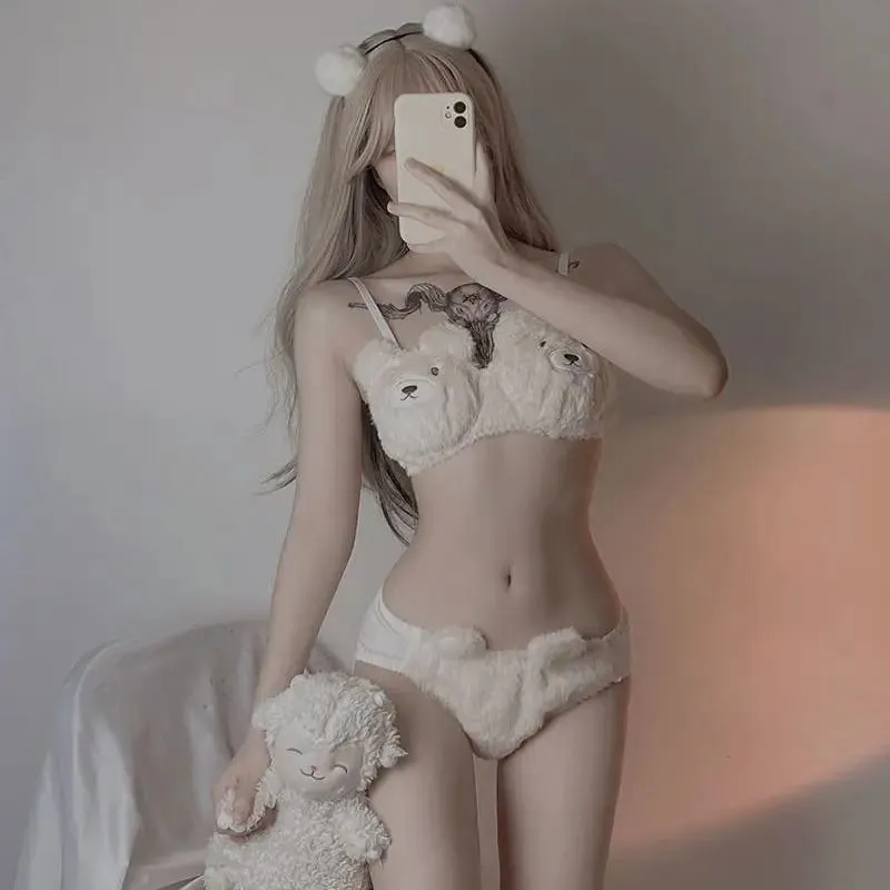 Women's Cute Velvet Bra Set – Winter Plush Lingerie No Steel Ring Push Up Bra & Sweet Bear Lolita Briefs