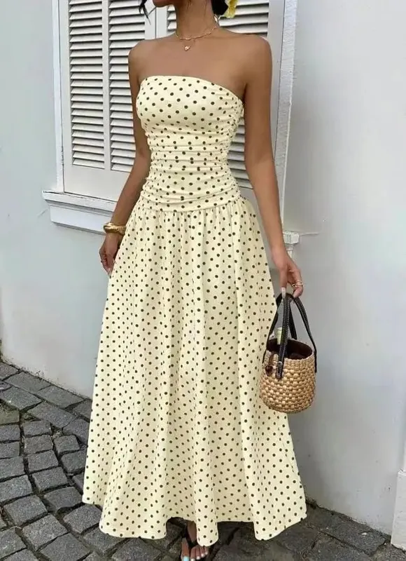 Summer Polka Dot Vintage Strapless Sleeveless Long Prom Dress Women Fashion Off Shoulder Slim Ruffles Tube Maxi Dresses Elegant