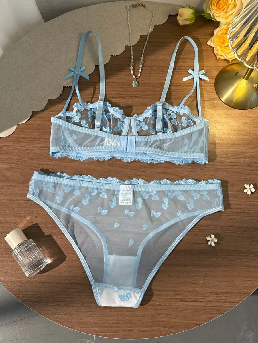 French Romantic Dreamy Light Blue Heart Embroidery Lace Underwear Set with Transparent Mesh Butterfly Knot Shoulder Strap Design