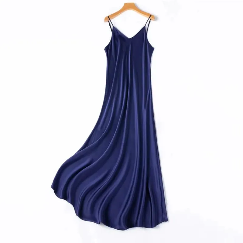 2026 Women's Fashion New 21MM 100% Natural Mulberry Silk Plain Satin Extended French Sexy Adjustable Shoulder Strap Solid Dress