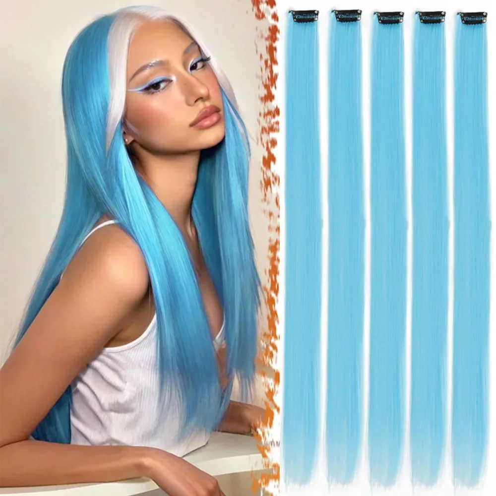 Synthetic Colorful 5pcs/set Clip Hair Extensions High Temperature Long Straight Hairpieces for Women Daily Party Use