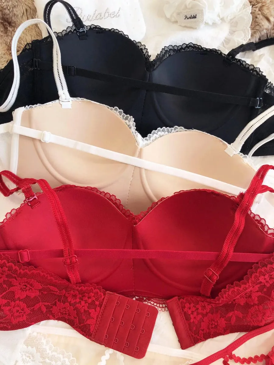 Sexy Lace Flowers Embroidery Underwear Set for Women Comfort Thicken Cup Push Up Bra Detachable Strap Top Bralette Lingerie Sets