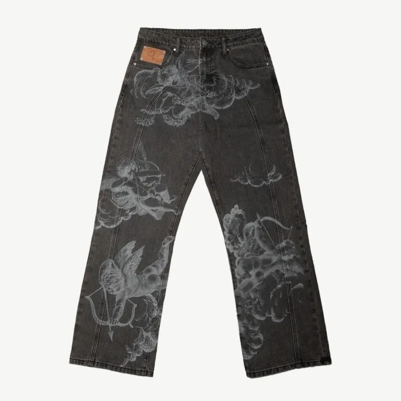Mens Jeans Harajuku Y2K Angel Baggy Denim Pants Retro High Street Arrow Print Loose Straight Fit American Hip Hop Streetwear New