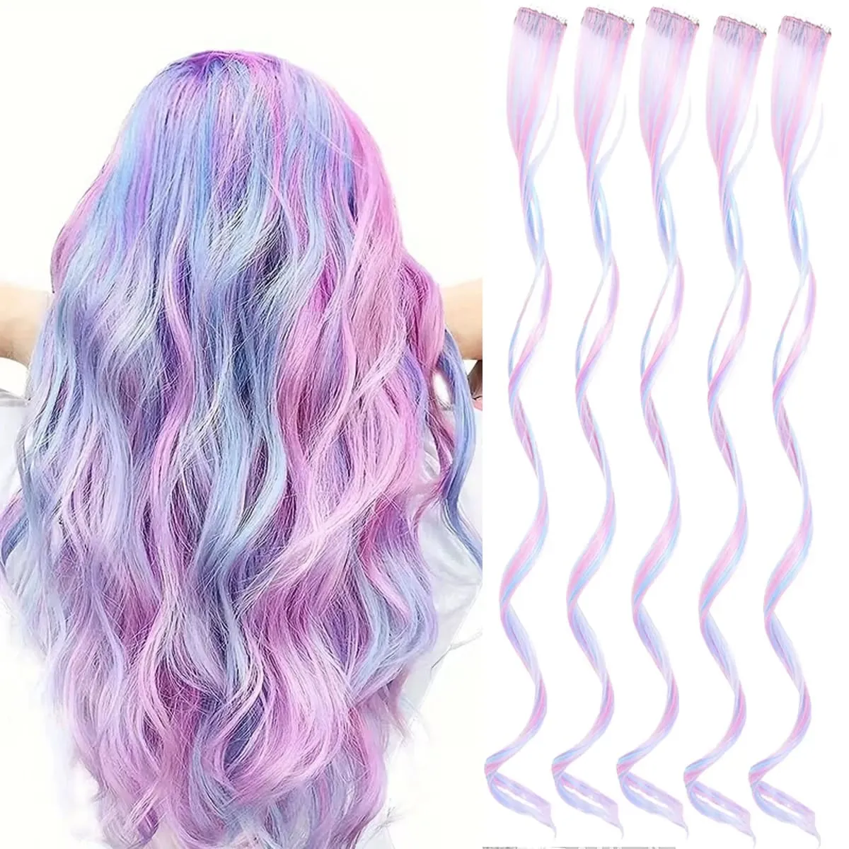 Synthetic 5Pcs Clip In Hair Extensions Colorful Ombre Curly Wig Rainbow Highlight Hair Clip On Hairpieces For Women Girls