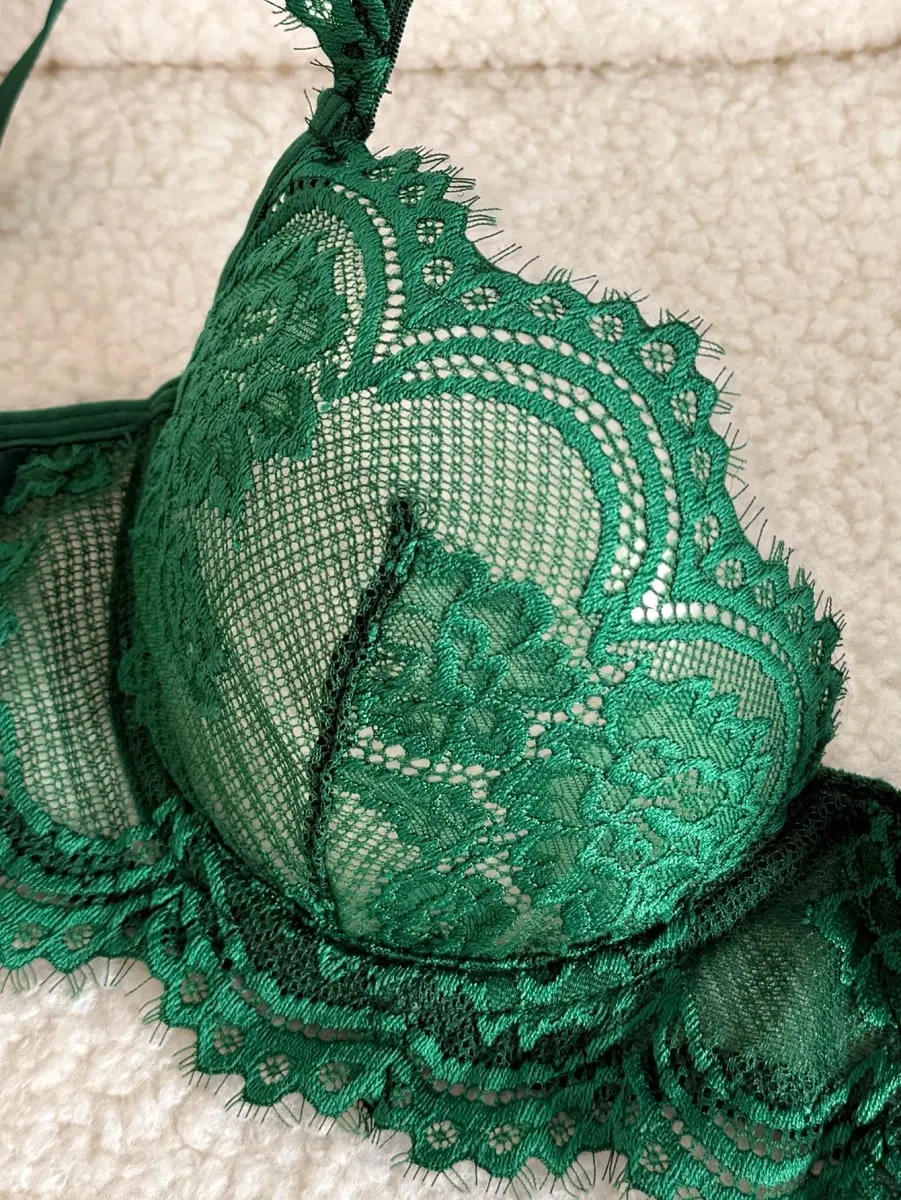 Sexy Vintage Green Eyelash Lace Lingerie Set Ladies Sheer Mesh Underwire Bra Thong Nightwear 2‑Piece S‑XL — image 3