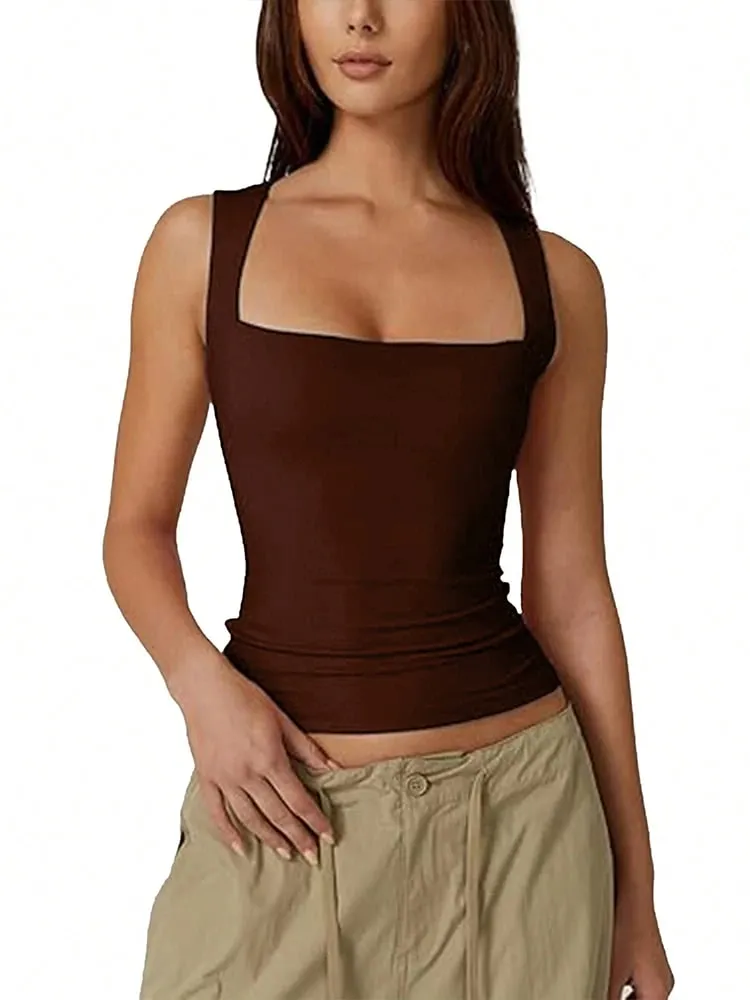 2026 Summer Women's Square Neck Sleeveless Double Layer Tank Top Basic Tight T-shirt Y2k Solid Sexy Goth Tank Top Women Clothing