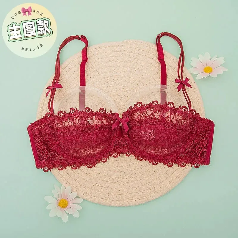 Sexy Lace Bra Set Women Plus Size Sheer Half Cup Push Up Lingerie Ultra Thin Transparent Concealed Nipple Underwear Hot
