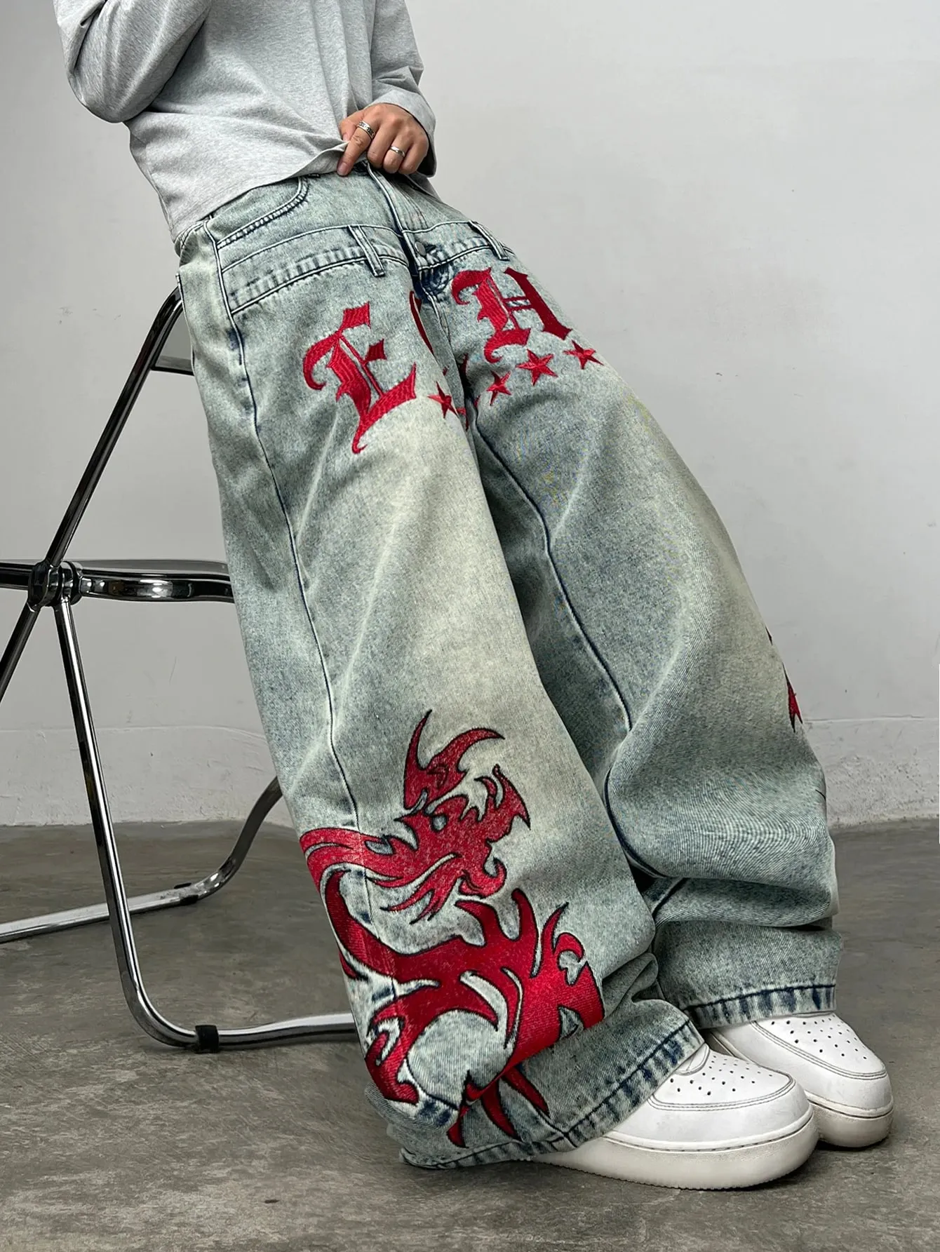 American Vintage Double-Waist Embroidery Design Blue Men's Loose Wide-Leg Jeans Y2K Street Hip-Hop Trendy Versatile Pants