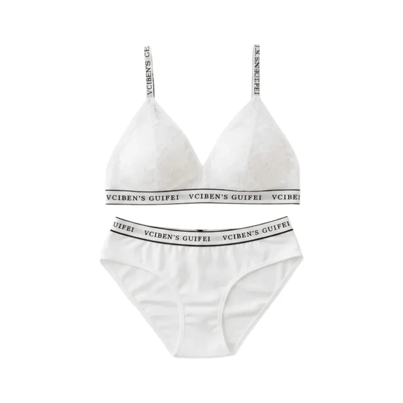 Breathable Letter Design Lingerie Set Deep V Wireless Women Underwear Suit Lace Color Blocking Bra Panties Set Girl