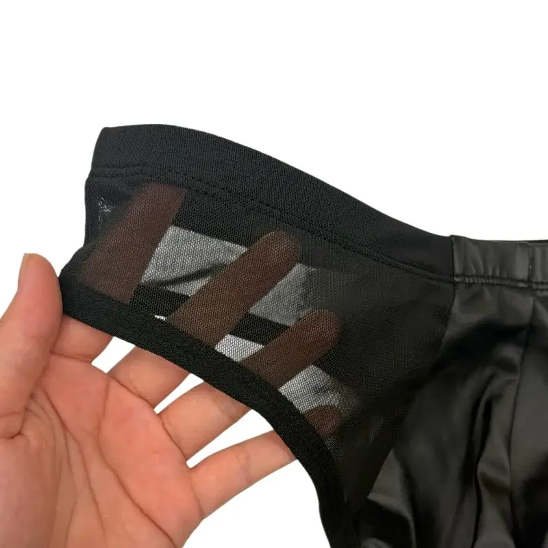 Sexy Men Low Rise Triangle Underwear PU Leather Front Spliced Breathable Mesh Sides Transparent T-back Briefs