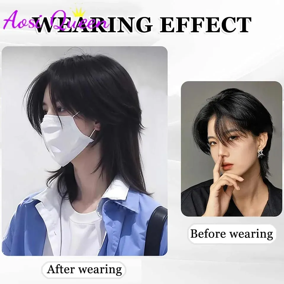 Synthetic Short Light Natural Men's One-piece Korean Style Invisible Wolf Tail Mullet Wig Extensions