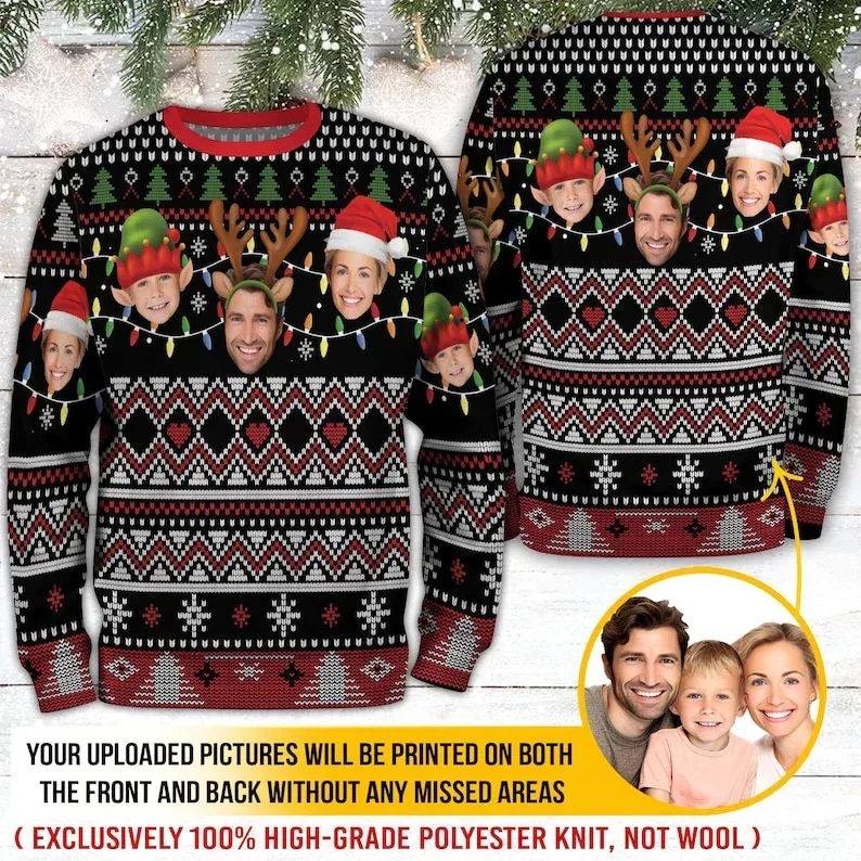 Personalizado sua foto 3d impressão feia camisola de natal diy rosto família pullovers imagem engraçada moletom personalizado presente de natal unisex