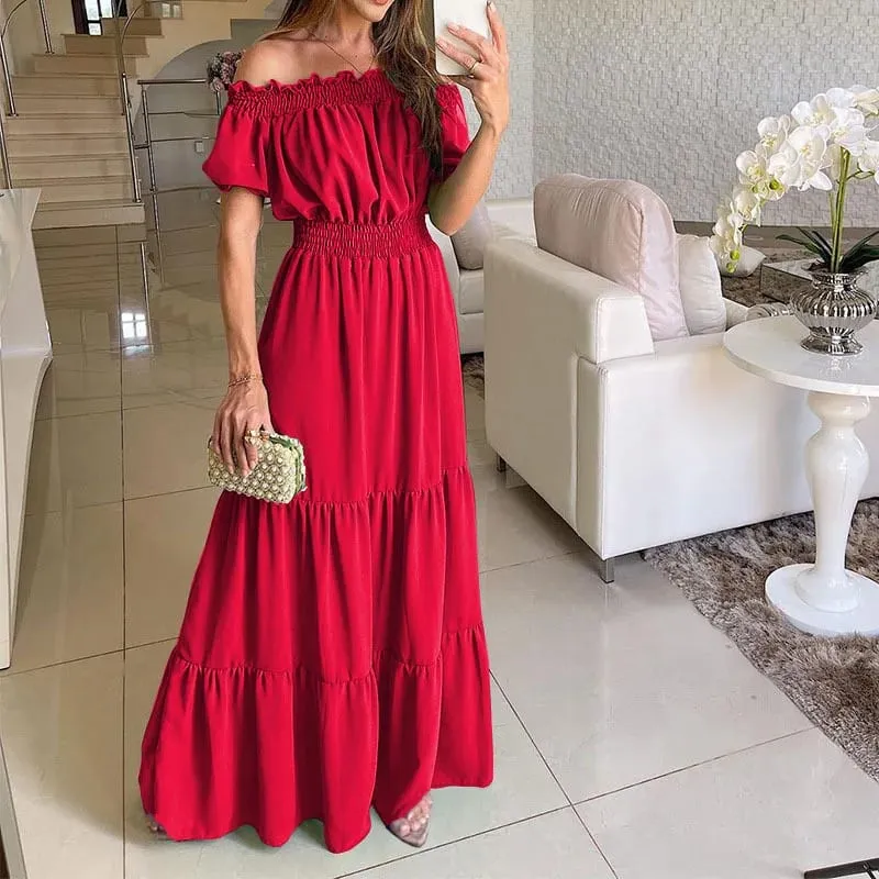 2025 Summer Solid Boho Dress Women Fashion Elegant Beach Party Dress Casual Slash Neck Office Maxi Dresses For Woman Robe Femme