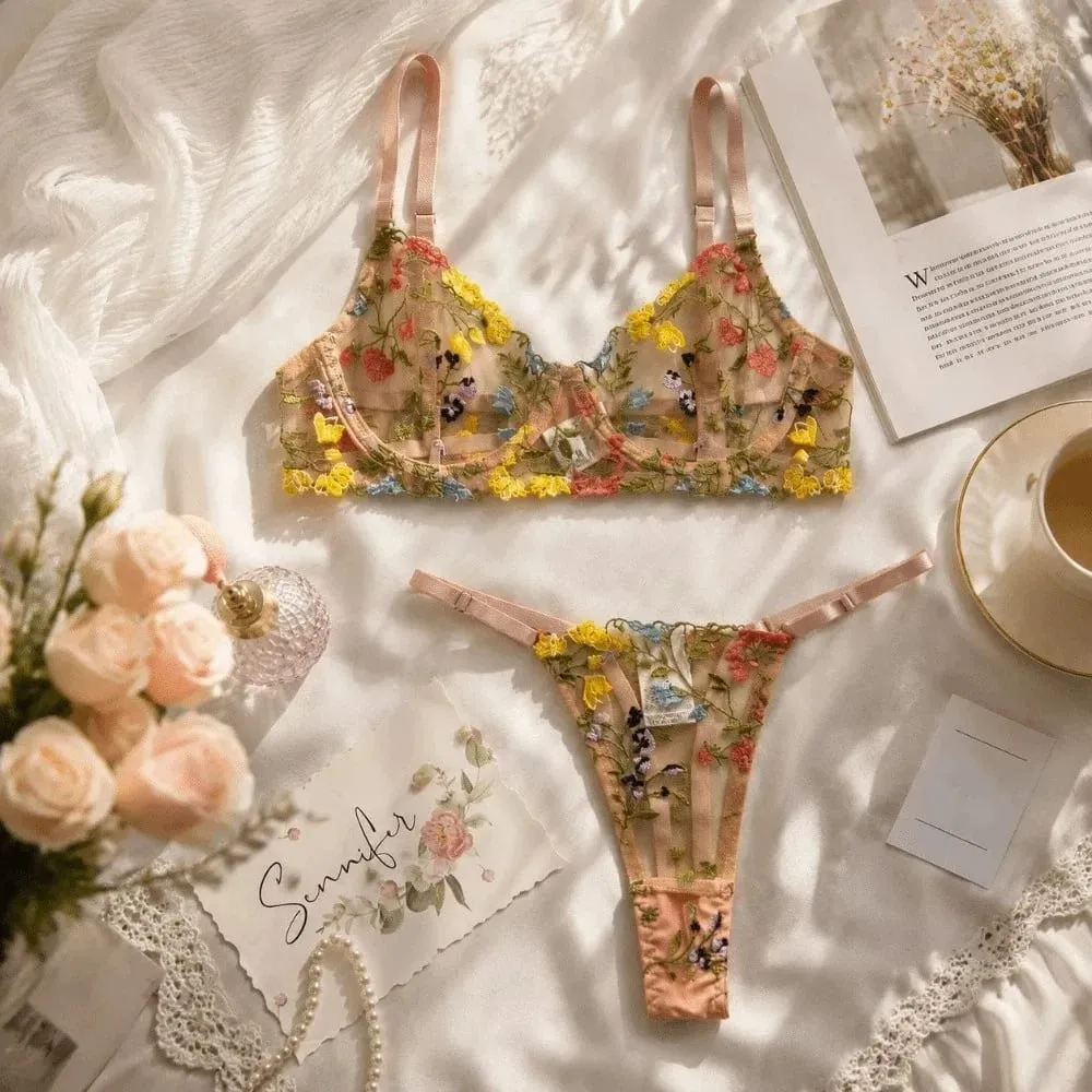 Sheer Intimates Transparent Lingerie Set Push Up Ultra-thin Embroidery Floral Underwear Elegant Bra Suit Honeymoon