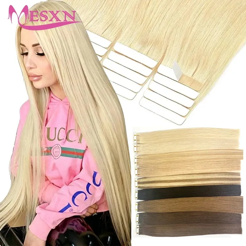 Tape In Hair Extensions 100% Really Human hair Extensions 16"-24" Black Brown Blonde Invisible Can dye For Salon
